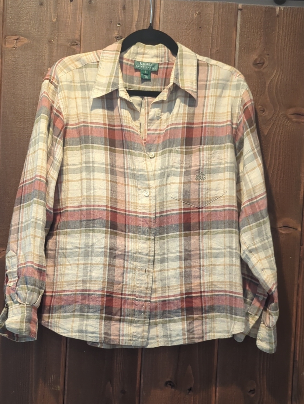 Ralph Lauren Linen Plaid Button-Down Shirt in Cream, Red & Brown